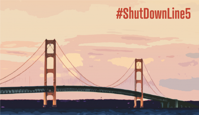 OWDM-Line5-Graphic2 Image of Mackinac Bridge with text below on the water, "Defuse the ticking time bomb in the Great Lakes"