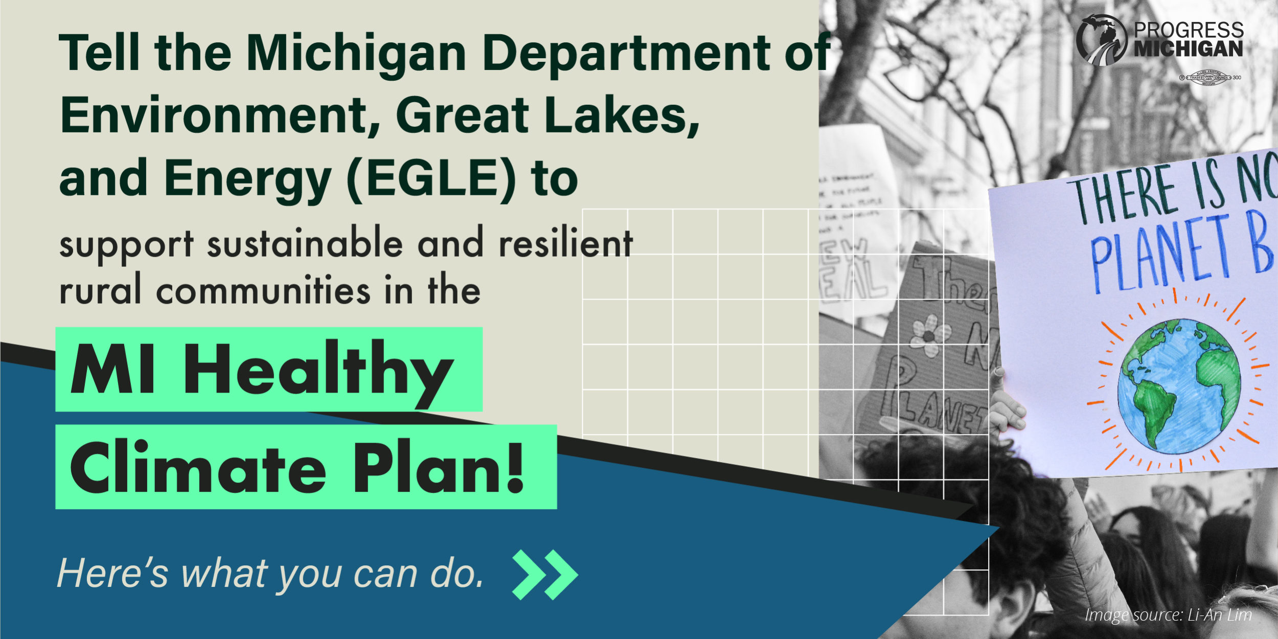 Banner graphic urging you to support sustainable and resilient communities in the MI Healthy Climate Plan