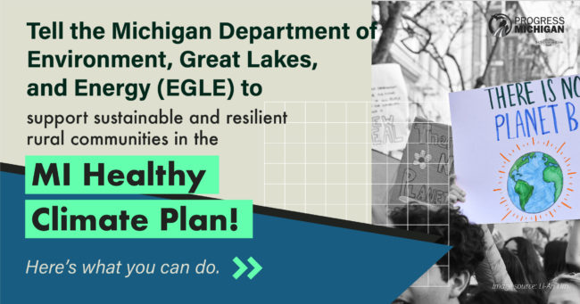 Banner graphic urging you to support sustainable and resilient communities in the MI Healthy Climate Plan