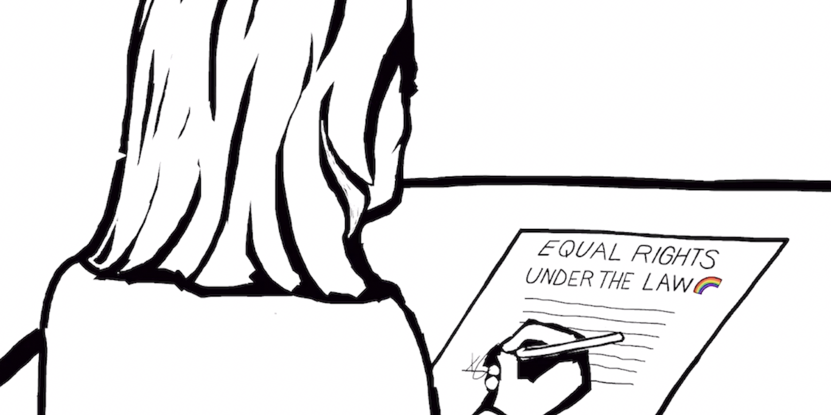 Drawing of Gretchen Whitmer facing her desk signing Elliott-Larsen expansion