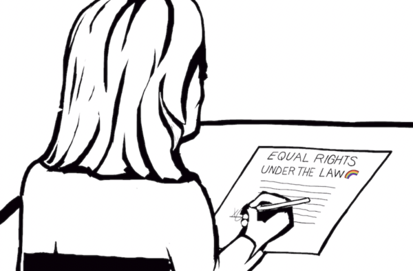 Drawing of Gretchen Whitmer facing her desk signing Elliott-Larsen expansion