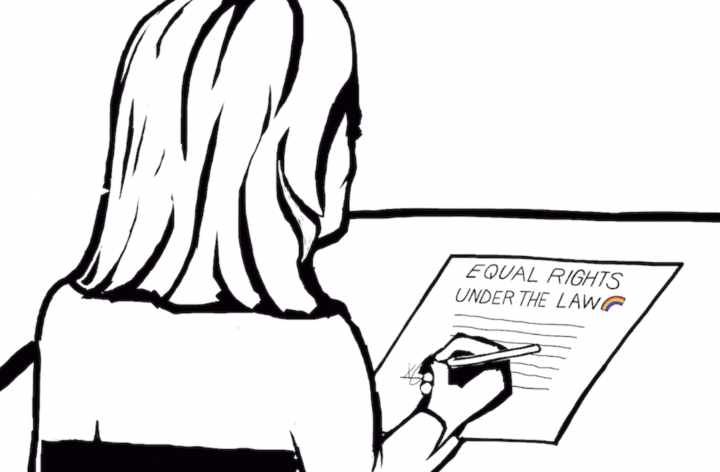 Drawing of Gretchen Whitmer facing her desk signing Elliott-Larsen expansion